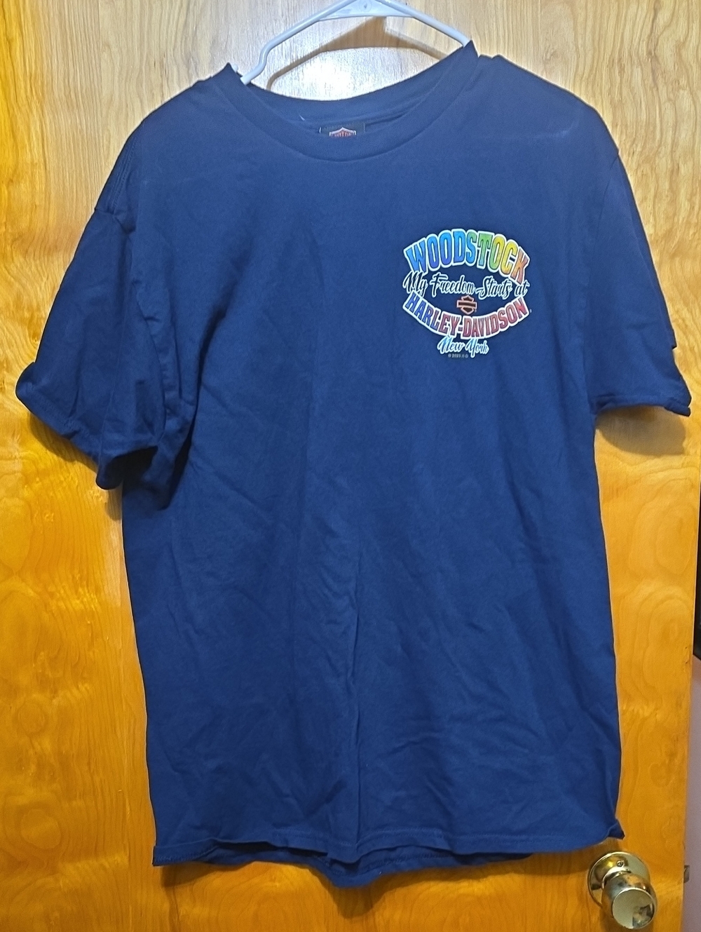 Harley-Davidson Navy Tee with Rainbow Woodstock Graphic
